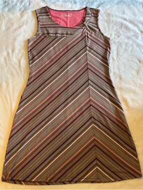 Royal Robbins Sleeveless Diagonal Stripe Mini Dress in Brown and Pink